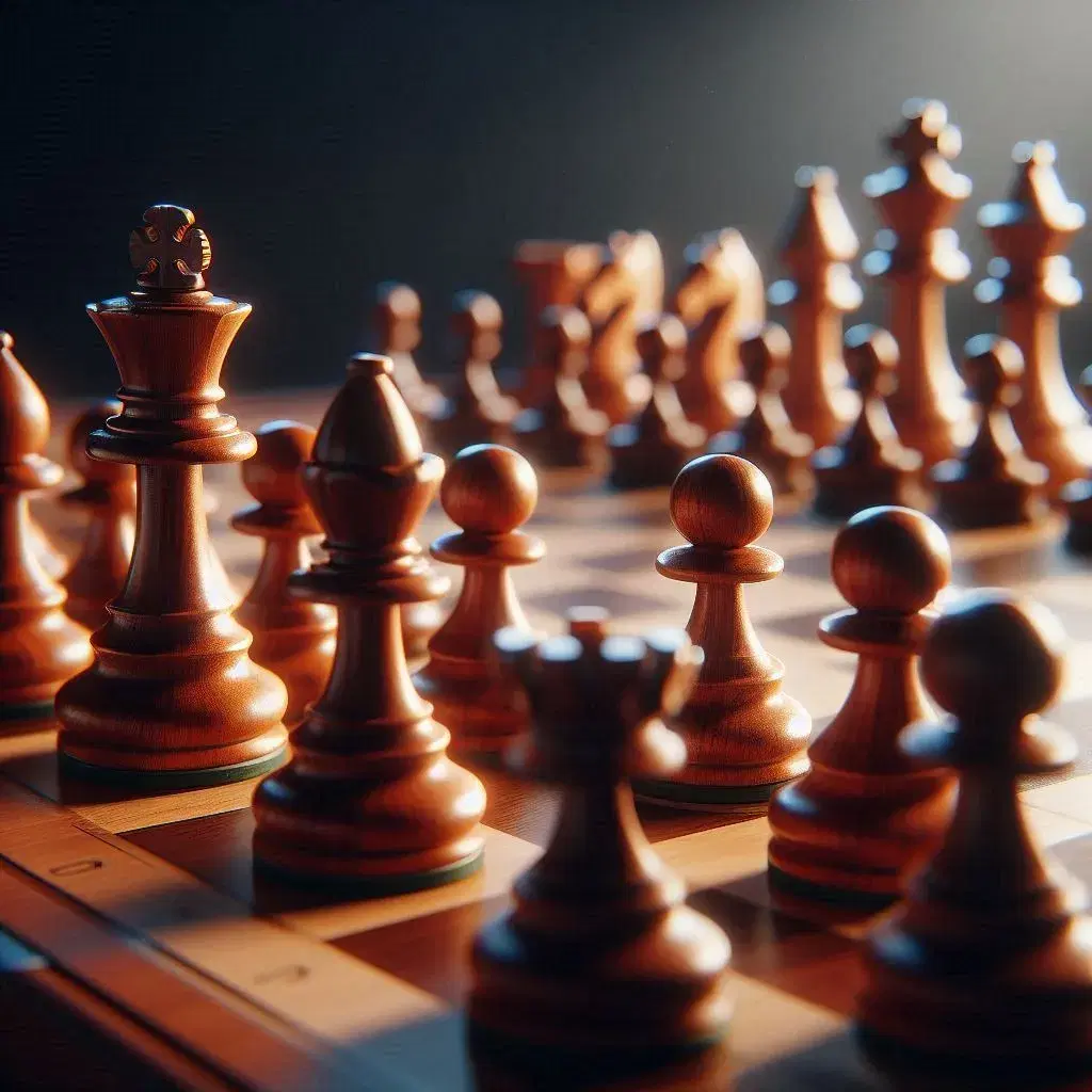 Wooden chessboard with chess pieces